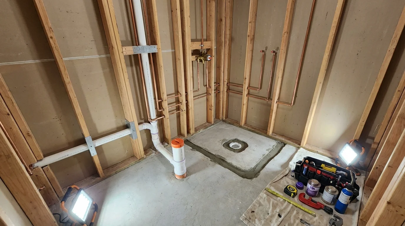 Bathroom rough-in plumbing during remodel by Johns Plumbing LLC in Manahawkin