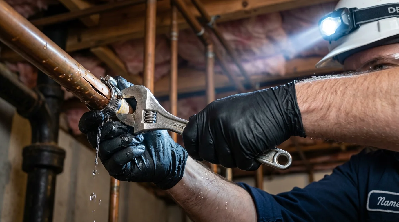 Emergency pipe clamp repair being performed by a Johns Plumbing LLC plumber in Manahawkin