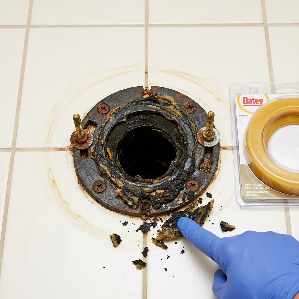 Failed wax ring showing water seepage at the base of a toilet in a Manahawkin, NJ home