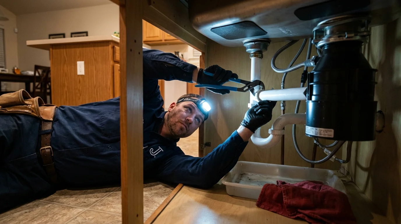 P-trap and supply line connections under a kitchen sink showing a common leak point in Manahawkin, NJ